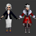 Two Cartoon Characters In Red Black Outfits With White Black Hair Holding Weapons