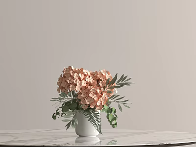White Vase With Pink Hydrangeas And Green Leaves On Marble Tabletop In Light Background 3d model