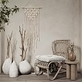 Rattan Leisure Chair With Macramé Wall Hanging White Vases And Green Plants On Wooden Floor