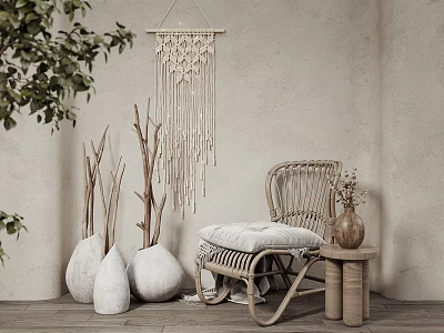 Rattan Leisure Chair With Macramé Wall Hanging White Vases And Green Plants On Wooden Floor 3d model