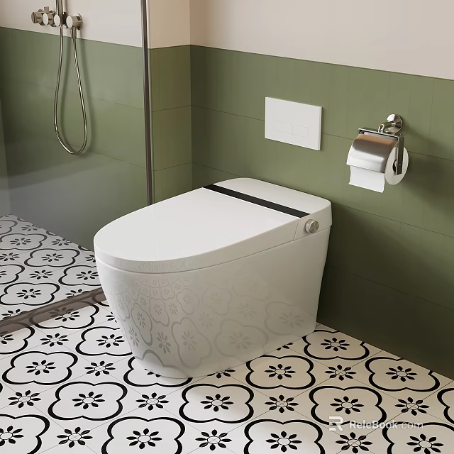 Modern Smart Toilet With Floral Pattern On Green Wall And Black White Patterned Floor 3d model 