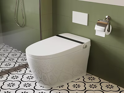 Modern Smart Toilet With Floral Pattern On Green Wall And Black White Patterned Floor 3d model