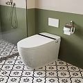 Modern Smart Toilet With Floral Pattern On Green Wall And Black White Patterned Floor