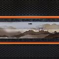 Black Perforated Archway With Orange Framed Landscape Painting On Grey Wall And Geometric Floor