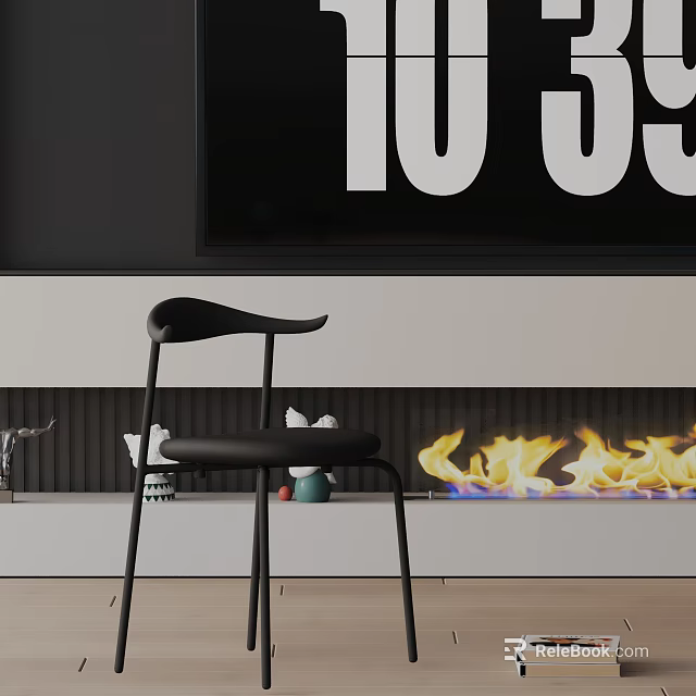 Modern Black Dining Chair With Curved Backrest In Living Room By Fireplace With Flames 3d model 