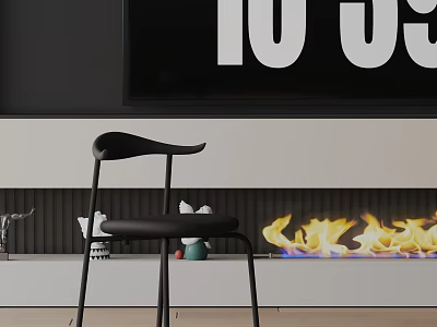 Modern Black Dining Chair With Curved Backrest In Living Room By Fireplace With Flames 3d model