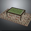 Wooden Coffee Table With Green Maze Design On Floral Pattern Decorative Rug