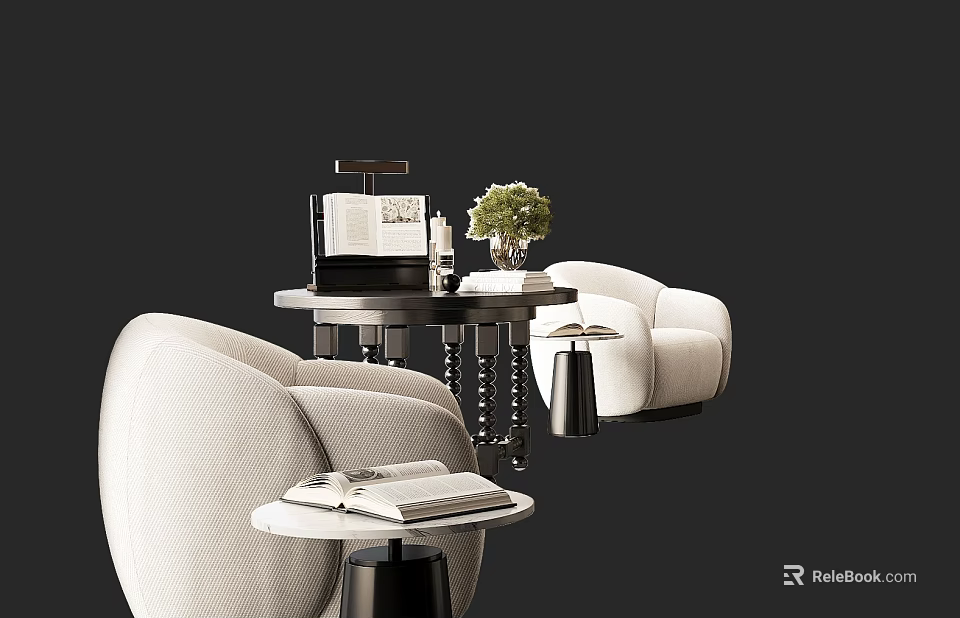 Modern Single Sofa With Side Table Potted Plant And Decorative Books 3d model 