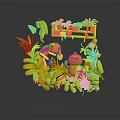 Adventurous Character In Red Outfit With Green Creature Among Lush Jungle Plants And Tropical Leaves