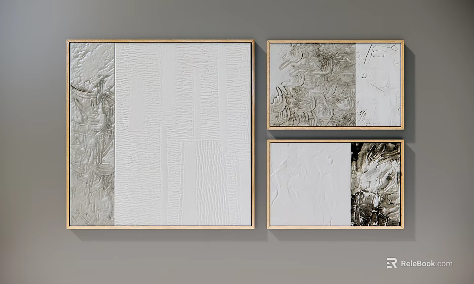 Textured Abstract Wall Art Set of Three with Gold Frames in Modern Gray White Tones 3d model 
