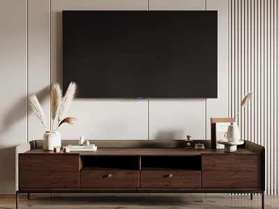 Wooden TV Stand With Drawers And Decorative Vases Against Light Wall With Vertical Slats 3d model