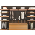 Modern Functional Wardrobe Interior Design With Wooden Shelves Folded Clothes Hanging Garments And Decorative Items