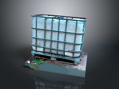 Blue Metal Frame Container With White Bags And Green Plants On Platform 3d model
