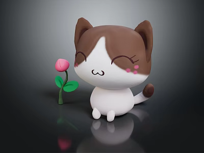 Cute Cartoon Brown And White Cat Toy With Small Pink Flower And Smiling Face 3d model