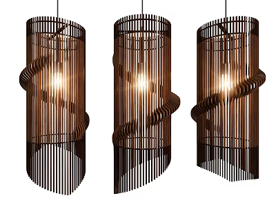 Three Illuminated Bamboo Pendant Lights With Striped Design And Curved Accents 3d model