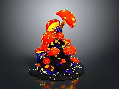 Red Mushrooms With Yellow Spots Stacked On Black And Blue Base With Glowing Spots 3d model