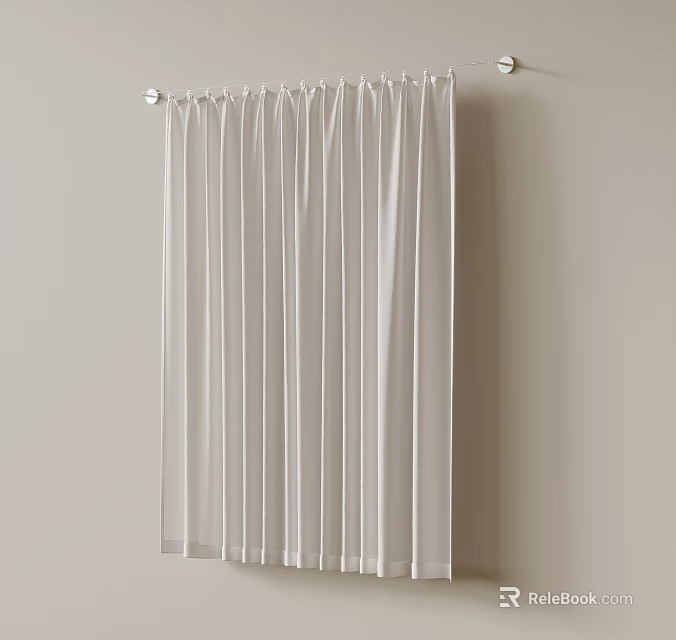 White Sheer Curtains Hanging On Rod Against Light Wall Background 3d model