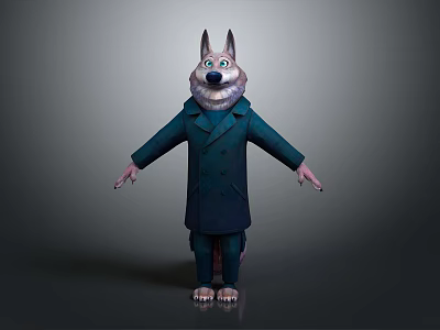 Detailed Animated Wolf Game Movie Character Wearing Dark Blue Coat Standing Pose 3d model