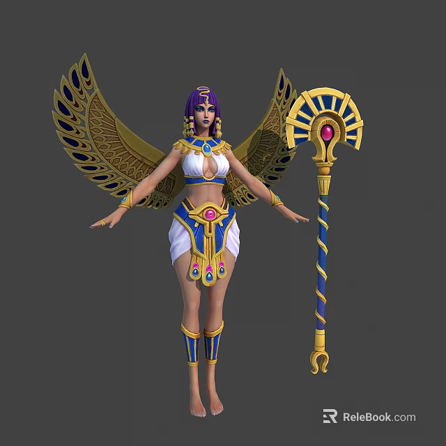 Egyptian Styled Female Character With Golden Blue Wings Holding Scepter And Decorative Costume 3d model 