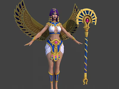Egyptian Styled Female Character With Golden Blue Wings Holding Scepter And Decorative Costume 3d model