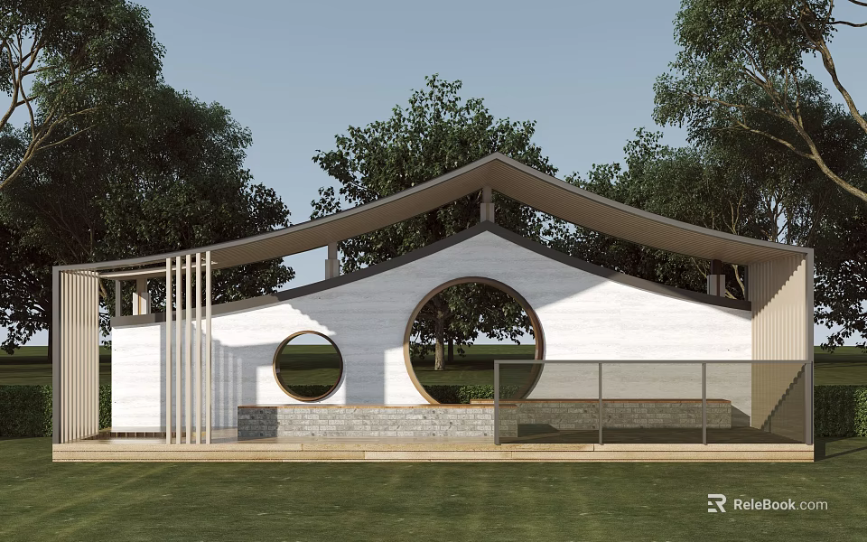 Modern Garden Structure with Curved Roof Circular Windows White Walls Grass and Trees 3d model 