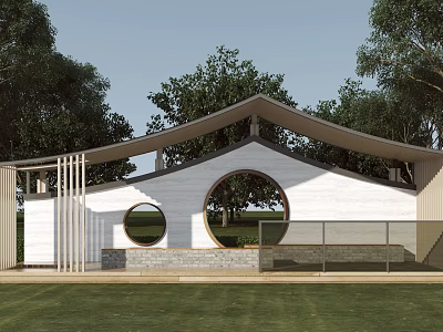 Modern Garden Structure with Curved Roof Circular Windows White Walls Grass and Trees 3d model