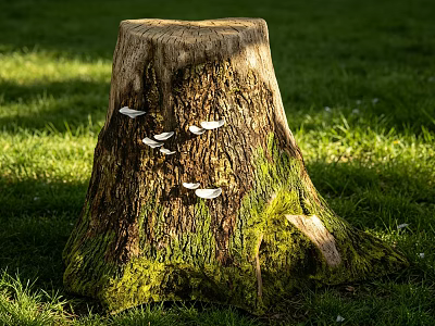 Old Tree Stump With White Mushrooms And Moss In Green Grassy Field 3d model
