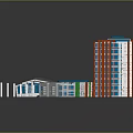 Cartoon Style City Scene With Colorful Buildings Blue Rooftops Red Green Accents And Square Area