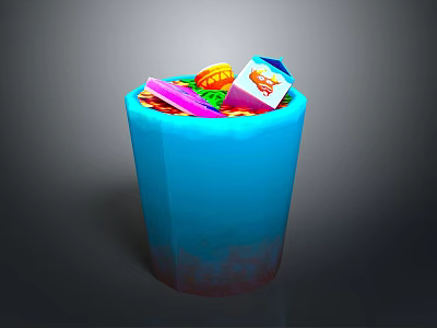 Blue Trash Can Filled With Various Waste Items Like Drink Carton And Plastic 3d model