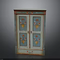Vintage Blue Green Cabinet With Hand Painted Floral Designs And Red Trim