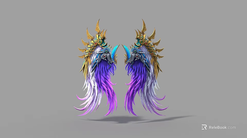 Symmetric Game Character Wings With Golden Decorations And Purple White Feathers 3d model 