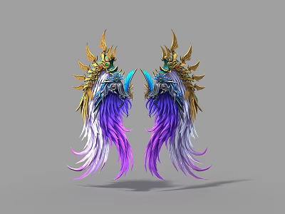 Symmetric Game Character Wings With Golden Decorations And Purple White Feathers 3d model