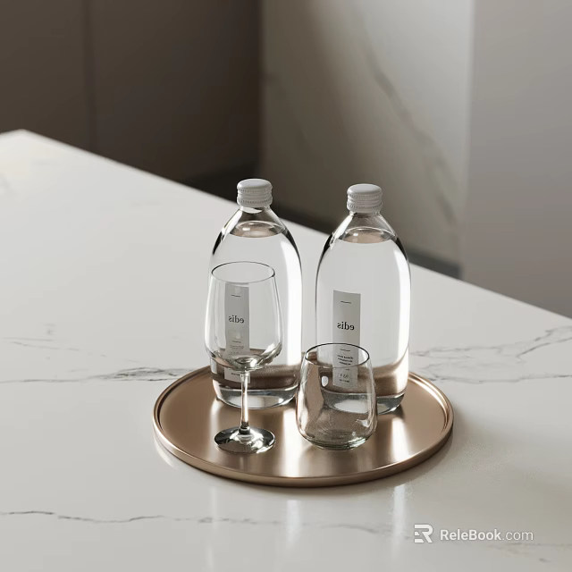 Gold Tray With Two Claro Labeled Water Bottles And Glasses On White Marble Countertop 3d model 