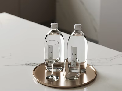 Gold Tray With Two Claro Labeled Water Bottles And Glasses On White Marble Countertop 3d model