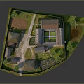 Traditional Village Architectural Model with Thatched Roof Houses Brick Buildings Enclosed Courtyard and Green Areas
