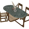 Oval Dining Table Set With Green Marble Top And Wooden Woven Chairs And Vase Decor