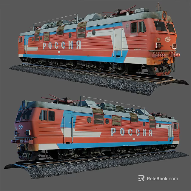 The red blue and white striped Russia locomotive with lettering on railway track 3d model 