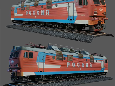 The red blue and white striped Russia locomotive with lettering on railway track 3d model