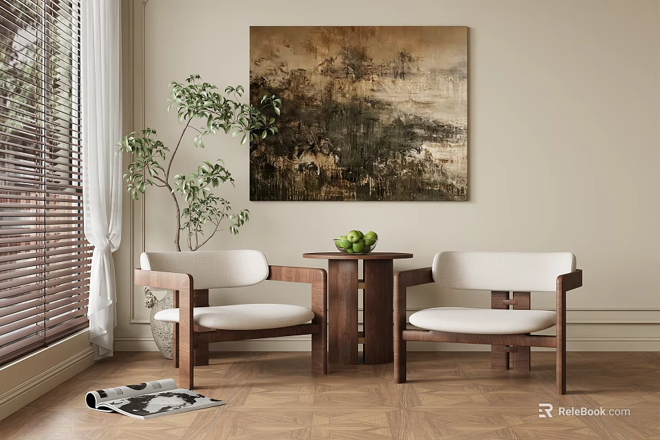 Stylish Accent Chairs with Side Table Green Plant Abstract Painting Wooden Floor and Window Curtains 3d model 