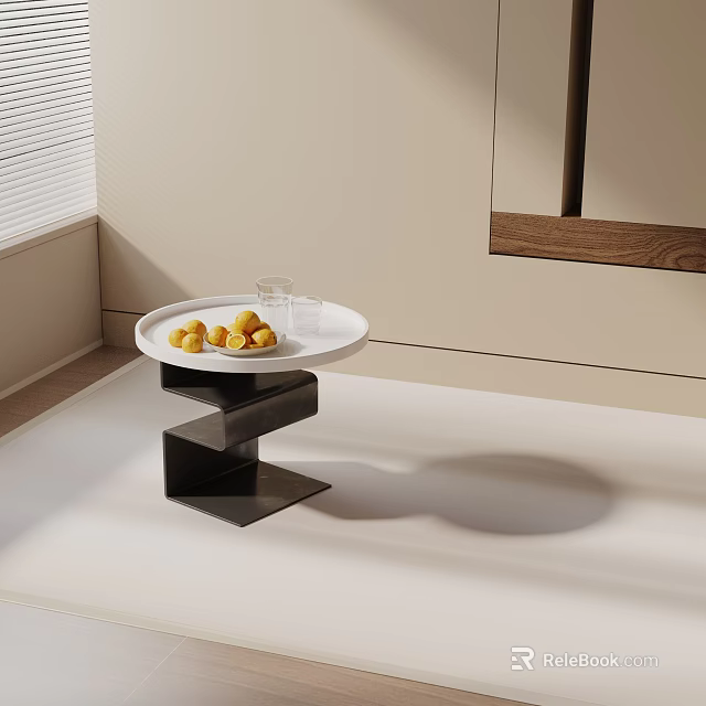 Modern Minimalist Side Table With Round White Top Black Spiral Base And Fruits Glass Cup 3d model 