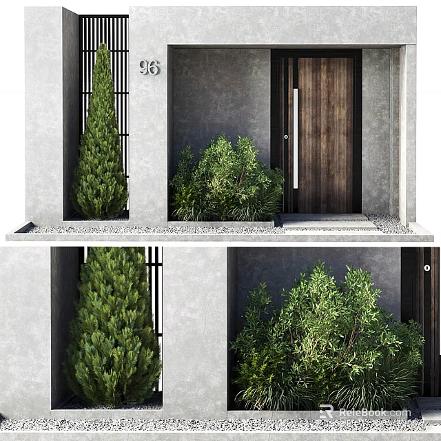 Modern Wooden Front Entrance Door With Gray Wall Green Bushes And House Number 96 3d model 