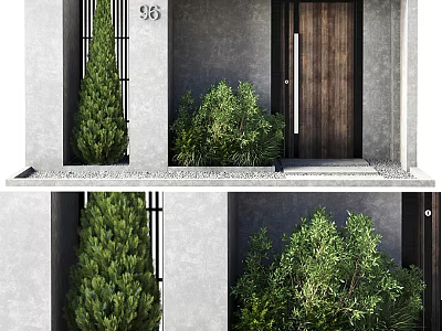 Modern Wooden Front Entrance Door With Gray Wall Green Bushes And House Number 96 3d model