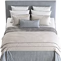 Elegant Double Bed With Gray Headboard Multiple White Pillows And Striped Bedding 3d model