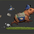 Playful Orange Rodent Game Character With Blue Hat Basket Small Flag On Green Grass