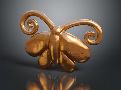 Shiny Golden Butterfly Ornament With Spiral Antennae And Artistic Decorative Design 3d model