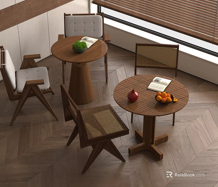 Modern Natural Leisure Chairs With Wooden Tables Fruits And Book In Indoor Setting 3d model 