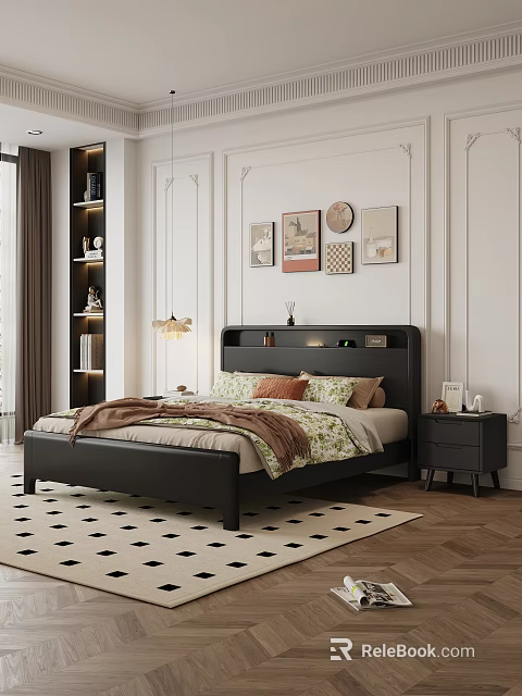 Modern Black Leather Double Bed With Floral Bedspread Nightstand And Decorative Paintings In Bedroom 3d model 