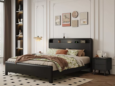 Modern Black Leather Double Bed With Floral Bedspread Nightstand And Decorative Paintings In Bedroom 3d model