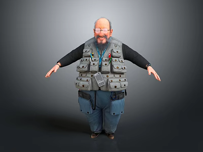 Male Character Wearing Multi Pocket Vest With ID Badge Glasses And Blue Pants Arms Outstretched 3d model