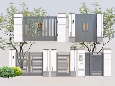 Modern Entrance Gate Design With White Pillars Metal Fence Gray Doors And Trees 3d model